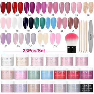 Dekorationer kads 23st doppning pulver naglar set manikyr borste nagelfil trä stick kit franska naken rosa rött vit glitter dopp pulver diy