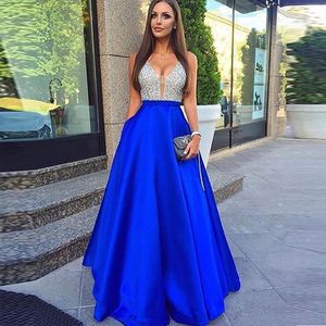 Sexy Beaded V-neck Prom Dresses Satin A-line Long Backless Formal Gown Cocktail Dress