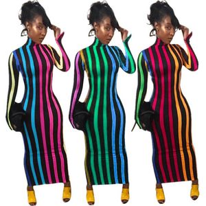 Casual Dresses 2020 Stripe Print Sexig kvinnors Autumn and Winter Turtle Neck Fashion Westidos Nightclub Party Långärmad tät klänning P230530