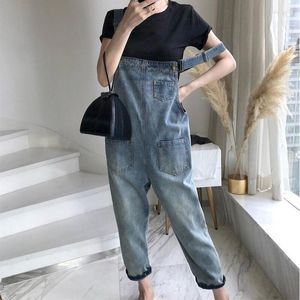 Kvinnors jeans plus storlek XS-2XL Kvinnor denim Jumpsuit Spring Summer Autumn Fashion Casual Pocket Loose Elastic Bib Pants Overalls Blue