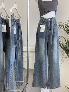 Jeans femininos Mulheres outono de inverno Cantura alta calças de jeans de perna larga Longo Cilindro direto amarrar as calças Retro Wash Jean 230530