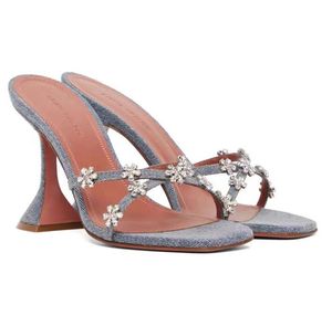 23S Amina Muaddi Sandals Mules Shoes Women Heels Dress Shoe Women's Real Silk Crystal Ambellied Strap Slippersラインストーンスプールヒールラグジュアリーボックス35-42