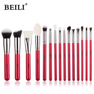 Brushes Beili Makeup Borstes Set 15st Red Handle Professional Natural Hair Eyeshadow Powder Eyebrow Foundation Cosmetics Brush