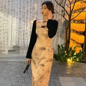 2023 Yaz Yeni Vintage Düğmesi Peri Bodycon Elbiseler Çin tarzı qipao cheongsam baskılı çiçek ince akşam parti elbise