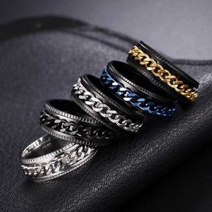 Band Rings Rotate Rotating Anxiety Fidget rings Titanium Stainless Steel Chain Spinner Finger Ring For Men Blue Gold Color Black Punk Rock J230531