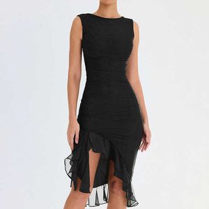 Mode midi klänning för kvinnor ärmlös o nacke ruffles lapptäcke veck klänningar asymmetrisk sommar bodycon klänning