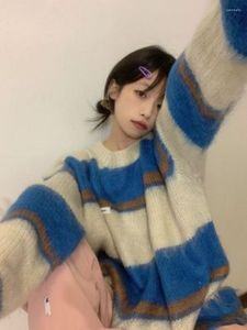Kobiety Sweters Masowe Kontrast Kolor O-Neck Striped Pullover Lose Casual Long Rleeve Sweter Women Korean Streetwear HARAJUKU Skoczki HARAJUU