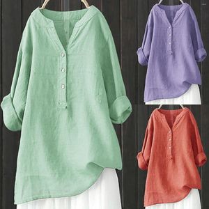 Kvinnors blusar Casual Loose Cotton Linen Blus Shirts Solid Color Plus Size Long Texture Dress Shirt Tunics Spring Summer 2023