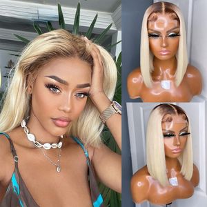 Neue Ombre Honig Blonde Brasilianische Haar 13x4 Spitze Vorne Kurze Bob Perücke Transparent Pixie Cut 613 Synthetische Frontal perücken Für Frauen