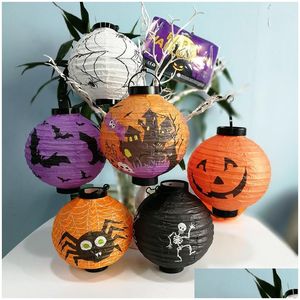 Andra festliga partier Halloween Paper Lantern Spider Bat Pumpkin Led Glow Lamp Foldbar Hanging Chinese Decoration DBC Drop DHZFW