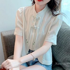 Blusas femininas verão manga curta camisa chiffon estilo nacional feminino 2023 top cheongsam chinês elegante blusas femininas