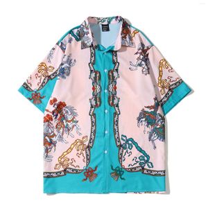 Camisas casuais masculinas Trendy Retro Short Mangueta Men feira do Havaí praia solta coreana Posicionando tendência floral