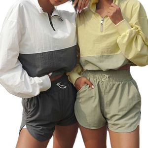 Spårar Patchwork Women's 2-Piece 2021 Fashion Track Suit Long Sleeve Sweatshirt Top+Shorts Street Running Sportswear Set P230531