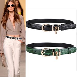 Leather crocodile woman belt fashion accessories cute lock pendant leather belt for woman girls adjustable pin buckle 100cm 39 inch 3.3 ft black white green red