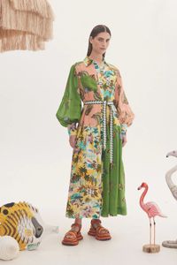 Runway Dresses 2023 Spring/Summer Designer Dress Holiday Leisure Coconut Tree Print Spliced ​​Belt Long Dress