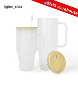 US Warehouse Wholesale 32oz/42oz Sublimation Glass Mug close class frosterged glass wine clickes classes with bamboo lid and straws diy fast