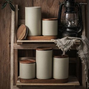 Storage Bottles Retro Ceramic Jar Tea Coffee Jars Wooden Lid Sealed Can Organizer Box Home Kitchen Food Containers Items