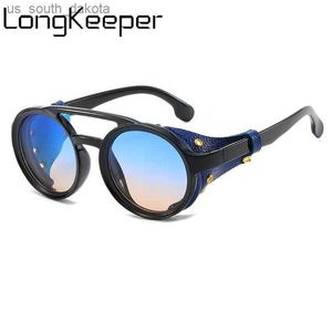 LongKeeper Retro Steampunk Round Sunglasses Men Stylish Leather With Side Shields Sun Glasses Women Shades Punk Glasses UV400 L230523