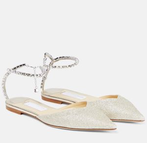 23 Summer Luxury Saeda Sandals Women's Flat Bottom Crystal Chain Strap Sparkling Pointed Beautiful Women's Walking Luxury Shoes EU35-43