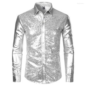 Camicie casual da uomo Camicia glitterata con paillettes metallizzate argento 2023 Disco party anni '70 Costume di Halloween Chemise Homme Palcoscenico maschile