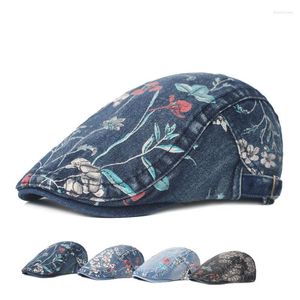 Berets Women's Beret Flower Cloth Denim Peaked Cap Chinese Style Retro Sboy Caps Travel Sun-Proof Forward Hat Casquette Sunhat