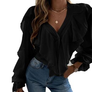 Kvinnors blusar Kvinnors V-ringade rufsade skjorta Lång lykta ärm avslappnad för utomhusresande shopping