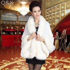Rainoats 2021 Autumn Winter Women White Faux Fox Fur Poncho Knitted Plus Size Cape Poleś