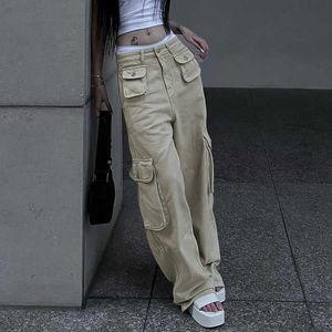 Solid Cargo Pants Women New Fashion Streetwear mer än en ficka låg midja jeans 2023 Chic Löst full längd Y2K -byxor