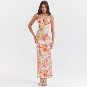 Floral Print Maxi Dress for Women New French Style Strapless Backless Bodycon Dresses Fashion Sleeveless Dress