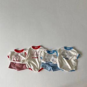 Kläderuppsättningar 2023 Summer Baby Cute Ice Cream Print Clothes Set Infant Boy Kort ärm T -shirt 2st Cotton Girl Plaid Shorts 230531