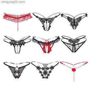 Briefs Panties Sexy Panty with Stimulating Pearls Thread Woman Lace Cutout Y-Back Brief Lady Underwear Transparent G-Strings Open Crotch Thong T23601