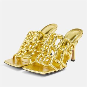 Mulheres de ouro chinelas de salto alto bombas de salto alto Sandias de gladiador de verão slides sexy baile vestido sapatos de dedo do pé de luxo mulas de luxo