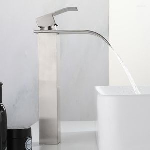 Bathroom Sink Faucets Waterfall Faucet 304 Stainless Steel Square Brushed And Cold Water Mixer Tap Washbasin Vessel Tall