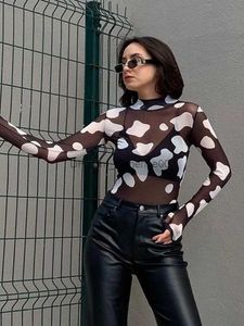 Women's T-Shirt Mesh Long Sleeve T Shirt for Women Spots Print O-neck Y2k Top Summer See Through Aesthetic Clothes Sexy Streetwear Ropa De Mujer T230531
