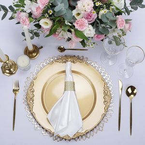 Pratos Elegante Decorar Plástico Mesa de Mesa Prata Ouro Conjunto Carregador Branco Aro Preto Luxo Decoração para Festa de Casamento