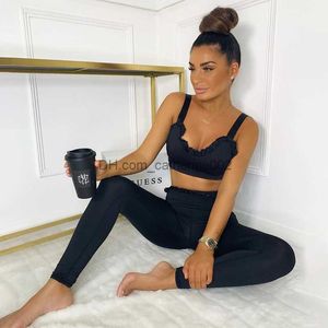 Zweiteilige Hosen für Frauen 2021 Herbst Girl Ruffle Crop Tank Outfits Frauen Loungewear 2 Stück Set Sexy Pyjamas Fitness Leggings Tracksuits Vamos Todos T230531