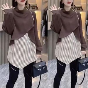 Damen-Kapuzenpullover, Pendel-Reißverschluss, Stehkragen, Sweatshirts, koreanische asymmetrische Herbst-Winter-Kleidung, zweiteiliges Set, gestreifte, lockere Pullover