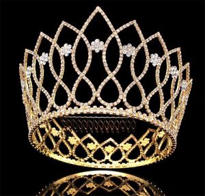 Luxury Tall Crown enorm full tiara rund huvudstycke bröllop kristall strass smycken brud huvudbonad blommor blommor hår kam hår7273173