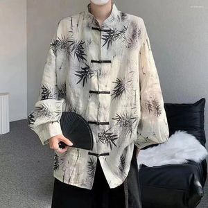 Men's Casual Shirts Art Men Chinese Style Hanfu Tops Traditional Ethnic Trendy Shirt Sunscreen Clothing Bamboo Leaf Pan Button