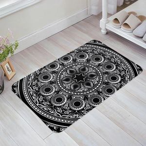 Carpets Geometric Mandala Flower Black Home Doormat Decoration Flannel Soft Living Room Carpet Kitchen Balcony Rugs Bedroom Floor Mat