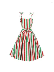 Casual Dresses 2024 Retro Green Red Striped Print Christmas Dress Women Knot Strap High Waist Bow Tie Belt Summer Pleated Vintage