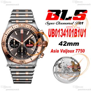 BLS Chronomat B01 ETA A7750 Automatic Chronograph Mens Watch Two Tone Rose Gold Brown Dial Stainless Steel Rouleaux Bracele AB0134101K1A1 Super Edition Puretime h8