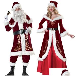 Christmas Decorations Veet Men/Women Santa Claus Costume Suit Couple Party For Xmas Wholesale Drop Delivery Home Garden Festive Suppl Dhvht