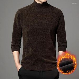 Suéter masculino com gola alta e chenille, suéter de cor sólida acolchoado e grosso, malha quente de inverno