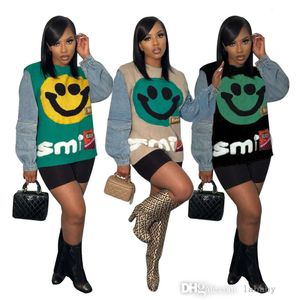Autumn Winter Sweaters Womens Casual Loose Warm Denim Patchwork Coat Cute Smiley Face Pattern Long Sleeve Knit Sweater