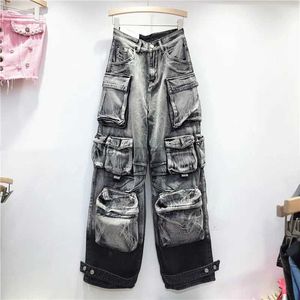 Modegradient flera fickor design jeans kvinnors singel knapp hög midja denim byxor 2023 höst kvinnlig newzln231201