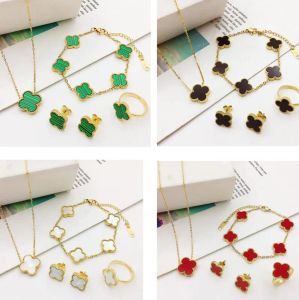 Double Sided 4 Four Leaf Clover Luxury Designer Jewelry Sets Fashion Women Bracelet Earrings Necklace Ring 4pcs/set Valentine's Day Birthday Gift NO Fade