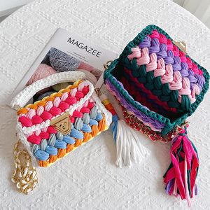 Evening Bags Handmade Women's Needle Hook Bag Designer Multi Color Handbag Luxury Colorful Rainbow StripThread Hook Knitted Small Square Flap 231130