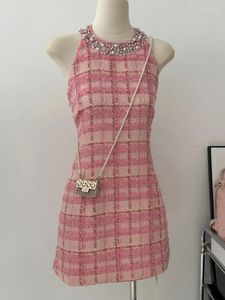 Casual Dresses Summer Sleeveless Fashion Korea Tweed Sexy Beading Halter Neck Dress For Women Elegant A Line Plaid Mini Vestidos