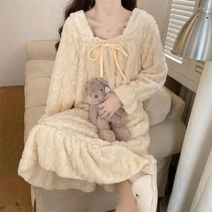 Women's Sleepwear Fleece Nightgown Womens Square Collar Night Dress One Piece Pajamas Korean Style Bow Winter Knee Length Home Wear 2023
